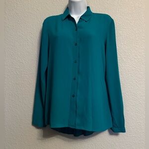 Jones New York turquoise collared buttondown blouse w/ pleated back S